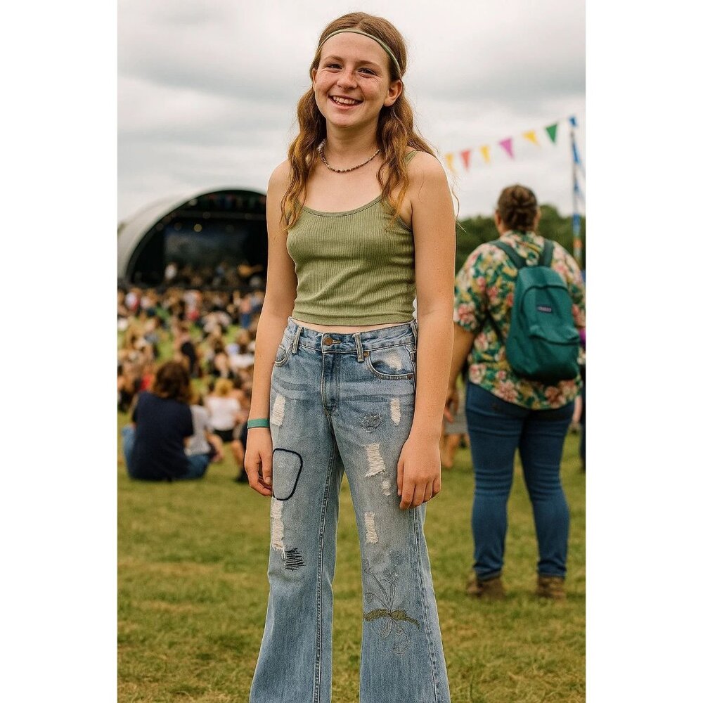 Cest Toi Embroidered Distressed Wide Leg Flare Jeans Jr Size 3 Blue Denim Boho